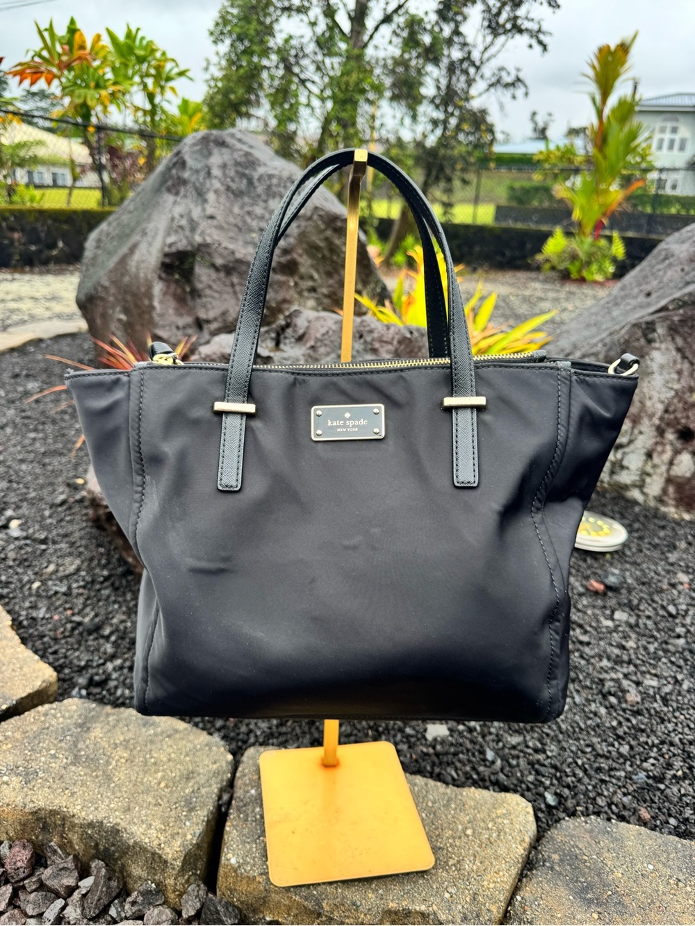 Kate Spade New York Black Nylon Tote Bag Gold Logo Lightweight Work Bag